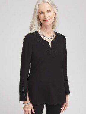 Chico's Black Beaded Embellished Ponte Tunic Career Party Festive Sz Large